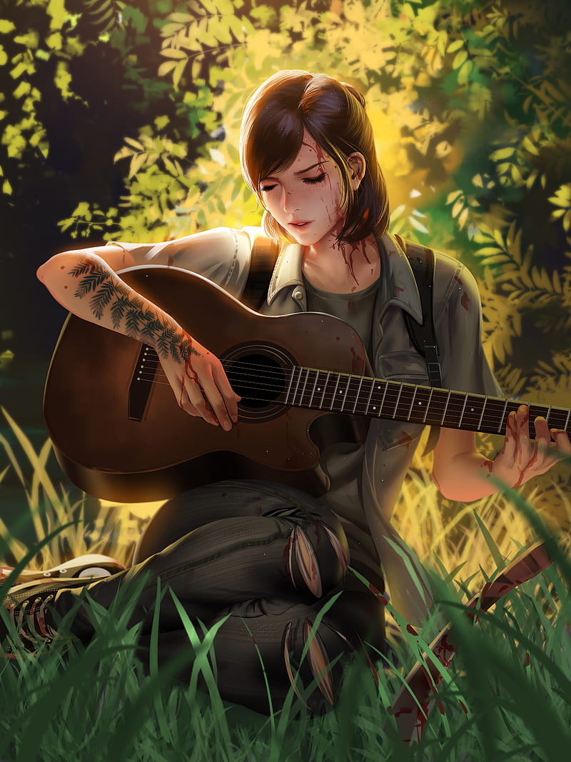 digital art, fan art, illustration, Liang Xing, Liang-Xing, video games, video game girls, video game characters, The Last of Us, The Last of Us 2, Ellie, drawing, guitar, tattoo, outdoors, short hair, torn jeans, grass, closed eyes, HD phone wallpaper