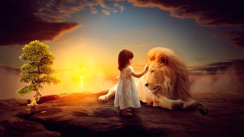 Lion and Child, fantasy, child, lion, animal, HD wallpaper