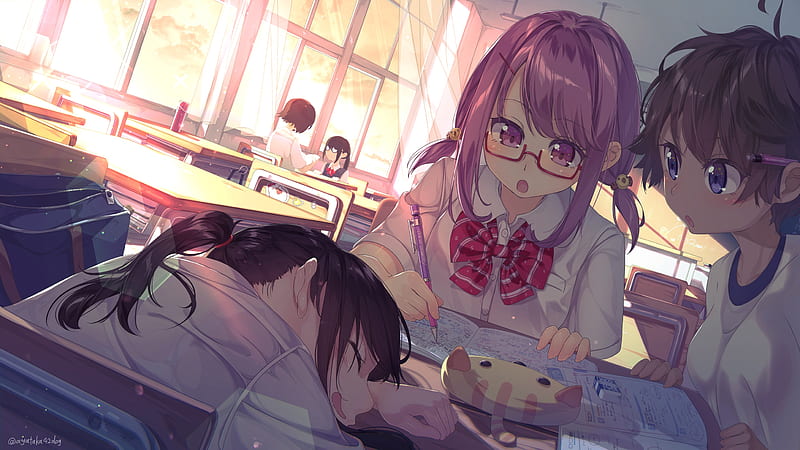 Anime classroom, sleepy students, friends, studying, pink eyes, megane,  Anime, HD wallpaper | Peakpx