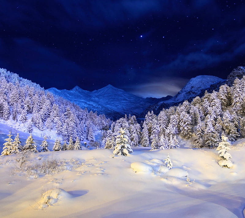 Winter Snow night, mountain, sky, HD wallpaper