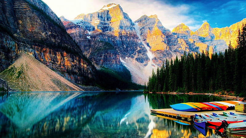 Moraine Lake, Banff, Canada, reflections, mountains, rockies, water, boats, trees, HD wallpaper