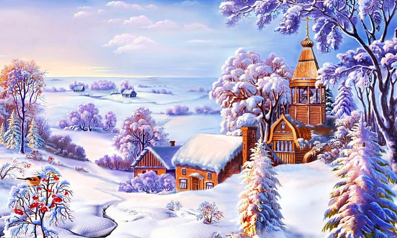 Winter Wonderland, cottages, snow, painting, trees, artwork, HD wallpaper