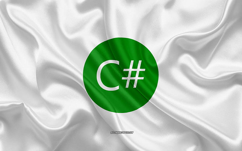 C Sharp logo, white silk texture, C Sharp emblem, programming language, C Sharp, silk background, HD wallpaper