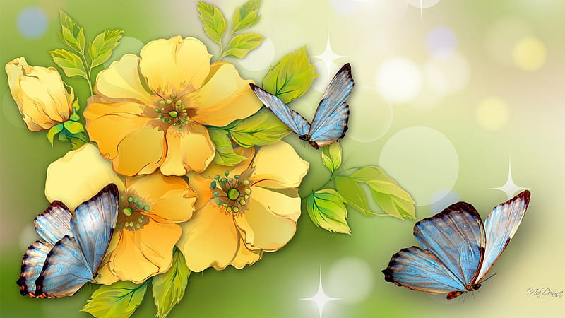 Yellow Flowers Blue Butterflies, Bokeh, fragrant, painted, butterflies, spring, floral, green, summer, flowers, watercolor, HD wallpaper