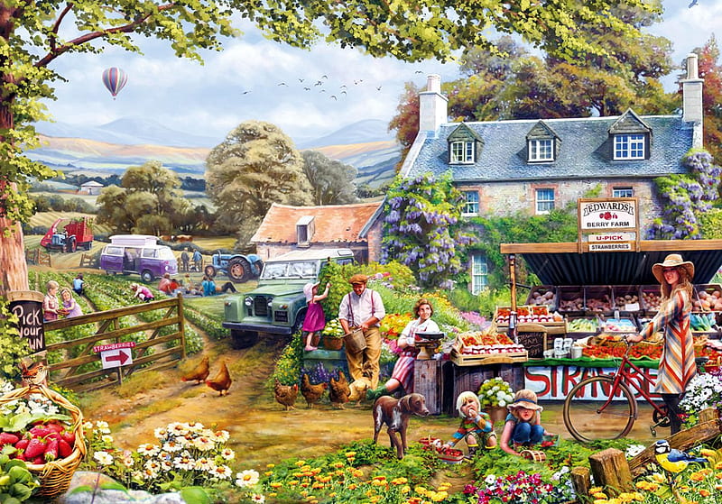 Pick your own Mateadwards, farm, house, berries, people, flowers, artwork, panting, HD wallpaper
