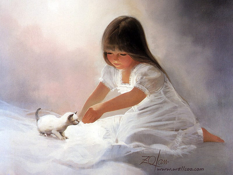 Donald Zolan children painting, donald zolan, art, painting, children, cat, kitten, sweet, HD wallpaper