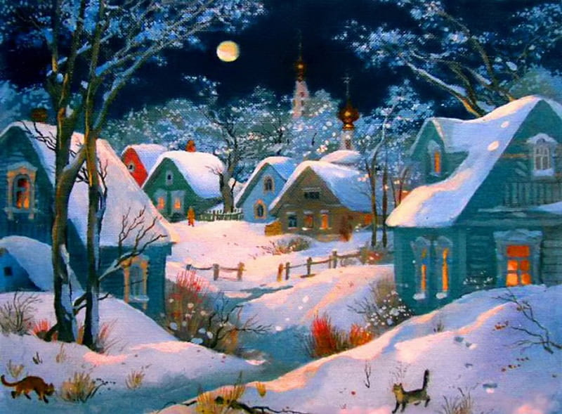 Winter village, fence, pretty, bonito, snowy, lights, nice, moon, painting, path, village, evening, smoke, frost, night, art, quiet, calmness, lovely, houses, trees, winter, serenity, snow, snowflakes, ice, moonlight, peaceful, nature, frozen, HD wallpaper