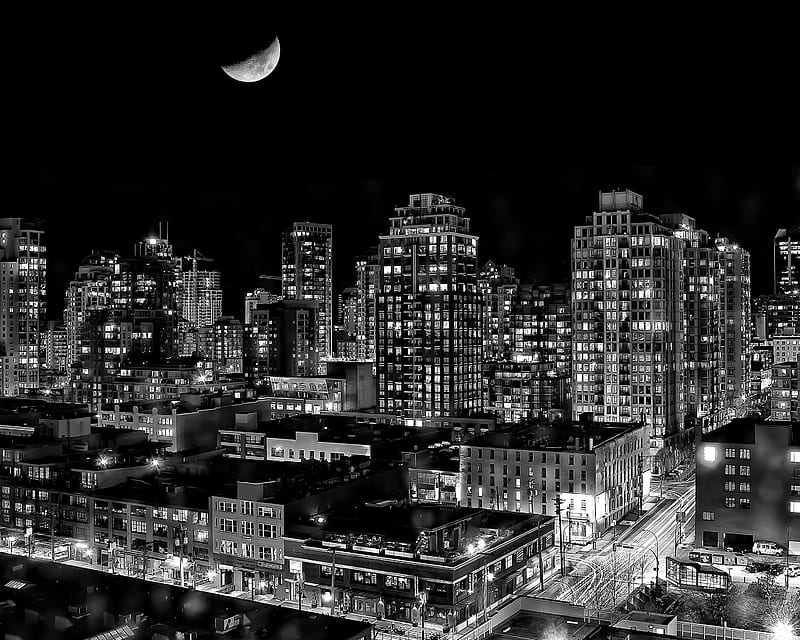 Canada, black and white, british, buildings, dark, lights, vancouver, HD wallpaper