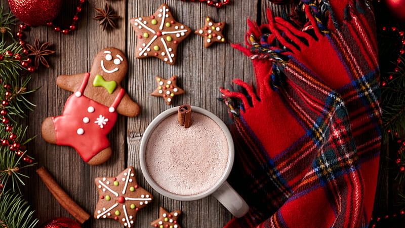 Hot Chocolate and Gingerbread Cookies, Chocolate, Hot, Scarf, Holidays, Gingerbread, Cookies, HD wallpaper