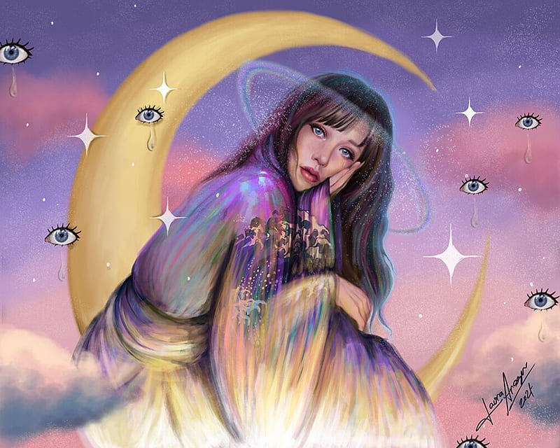 Artemis, laura aragon, fantasy, moon, yellow, pink, blue, HD wallpaper
