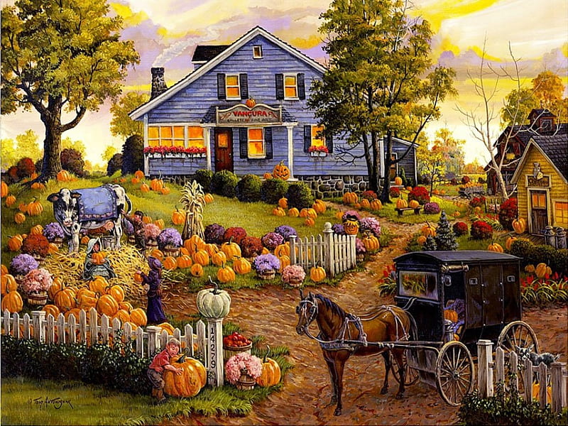 Golden thanksgiving !, colorful, cottage, home, bonito, grown, farm, octobre, splendor, pumpkin, color, amazing, harvest, lovely, horse, thanksgiving, tree, peaceful, HD wallpaper