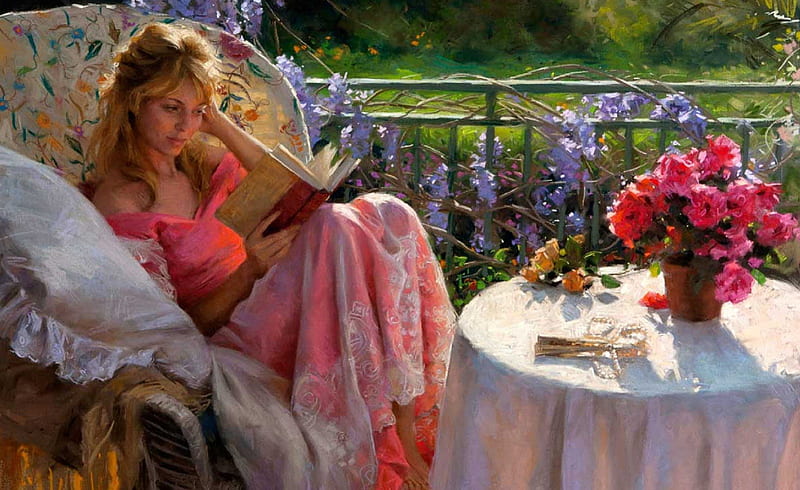 girl reading, fantasy, girl reading a book, girl painting, summer, bonito, woman, HD wallpaper