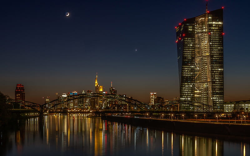 Frankfurt, river Main, evening, cityscape, bridge, modern architecture, Germany, HD wallpaper