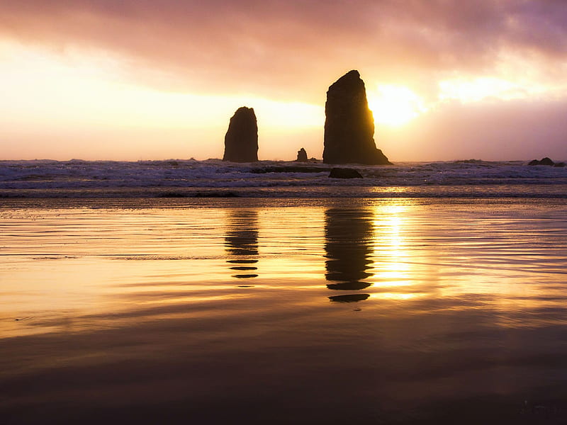 Haystack Rock, Cannon Beach, Oregon, water, sunset, clouds, sky, sea, HD wallpaper