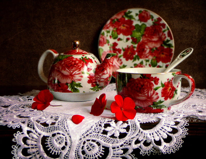 Perfect Table, table, spoon, china, sugar bowl, teapot, still life, lace tablescarf, flowers, plate, HD wallpaper
