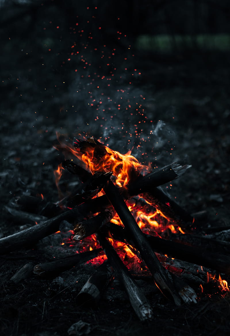 bonfire, fire, sparks, smoke, firewood, HD phone wallpaper