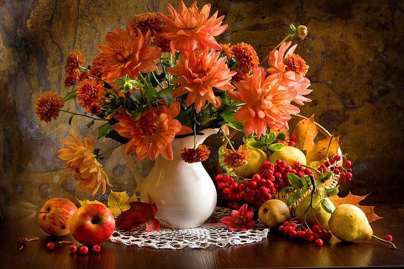 Autumn still life, pretty, autumn, fruits, vase, bonito, still life, leaves, nice, elegance, arrangement, flowers, room, tender, harmony, lovely, apples, delicate, pears, bouquet, berries, HD wallpaper