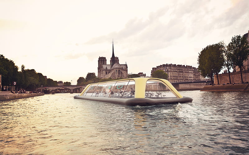 Paris Notre Dame Cathedral, France, river Seine, motor ship, sunset, Paris landmarks, HD wallpaper