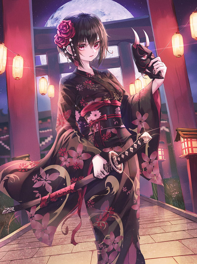 anime girl with katana and kimono