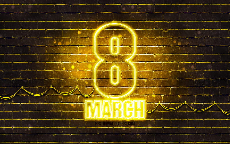 8 March yellow sign yellow brickwall, International Womens Day, artwork, 8th of March, 8 March neon symbol, 8 March, HD wallpaper
