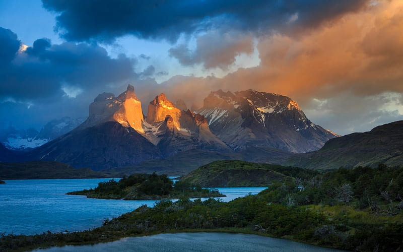 Torres Del Paine, lakes, chile, mountains, nature, patagonia, clouds, sky, HD wallpaper