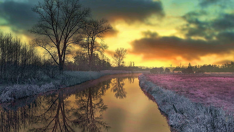 Frosty River in Northern Germany, water, icy, sunset, clouds, trees, sky, reflections, field, HD wallpaper