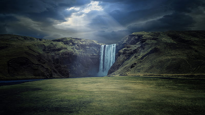 Waterfalls Between Rock In Clouds Background Nature, HD wallpaper