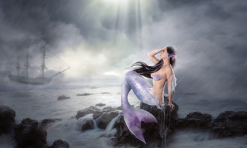 Mermaid’s Dreams, dreamy, ship, Mermaid, ocean, Misty, Sun rays, sea, HD wallpaper