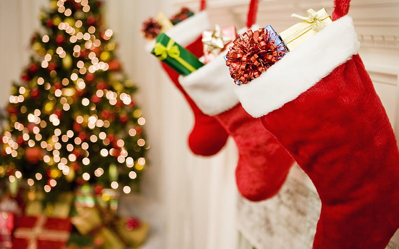 christmas sock gifts, Happy New Year, Merry Christmas, christmas decorations, xmas, christmas, New Year, HD wallpaper