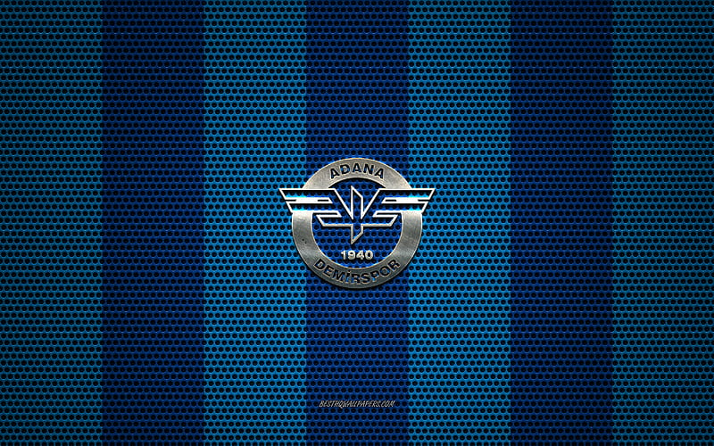 Adana Demirspor logo, Turkish football club, metal emblem, blue metal mesh background, TFF 1 Lig, Adana Demirspor, TFF First League, Adana, Turkey, football, HD wallpaper