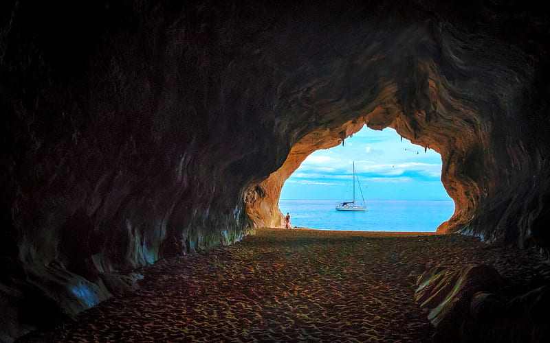 Mediterranean sea, cave, grotto, summer, sea, Sardinia, Italy, Europe, HD wallpaper