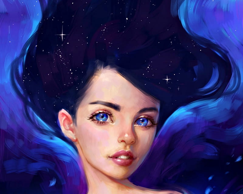 Galaxy, art, luminos, woman, selenada, fantasy, girl, face, blue, HD wallpaper