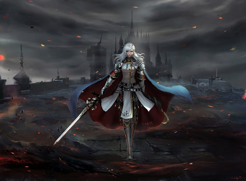 final fantasy xiv, woman, sword, armor, cape, walking, castle, Games, HD wallpaper