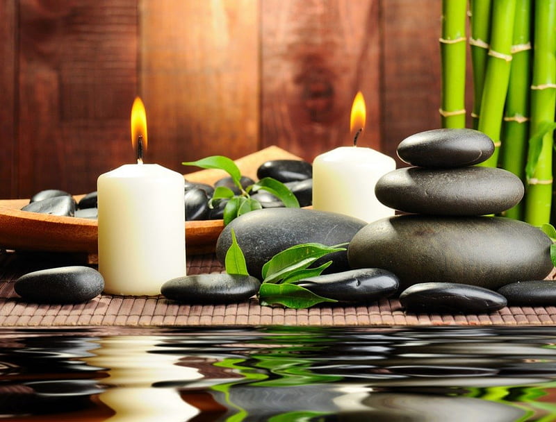 * Time to relax *, candle, relax, aroma, leaves, stones, water, spa, beauty, relaxation, light, HD wallpaper