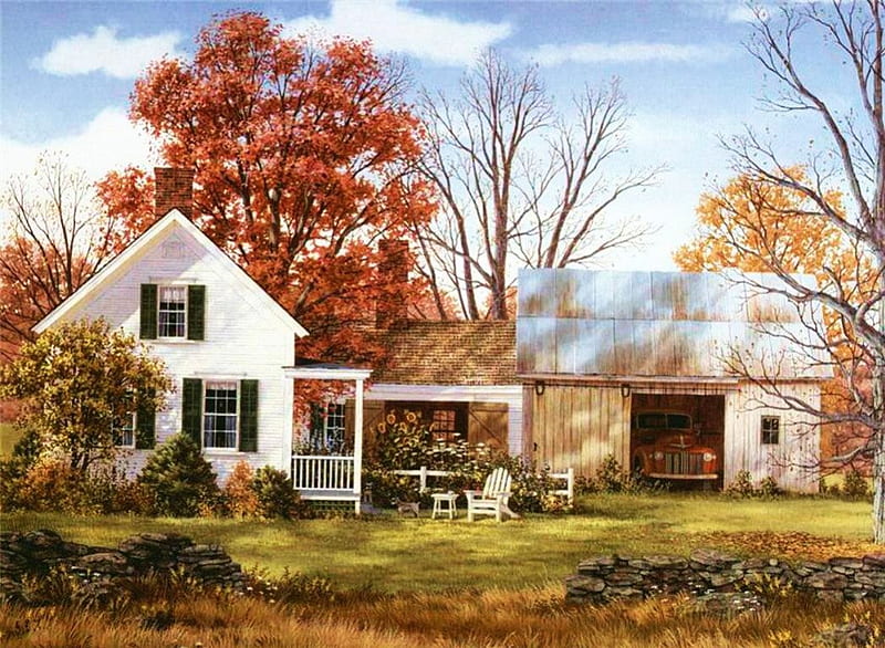 Autumn Cottage, leaves, garage, car, colors, trees, artwork, HD wallpaper