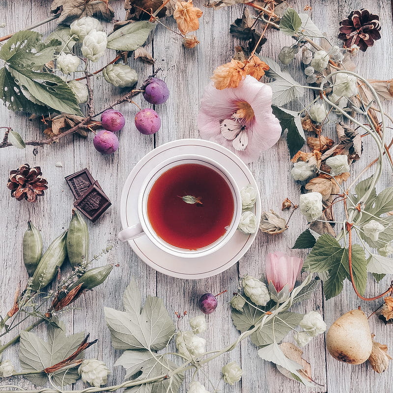 tea, cup, flowers, chocolate, wooden, HD phone wallpaper