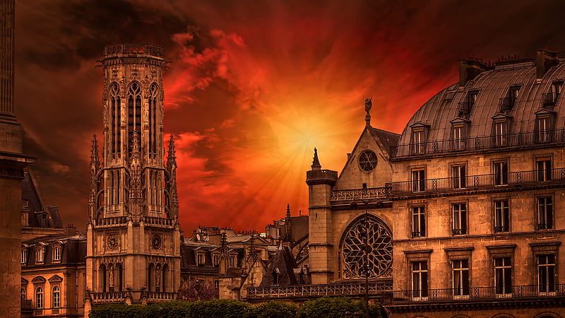 Paris Church With Background Of Red Sky And Sunbeam Travel, HD wallpaper