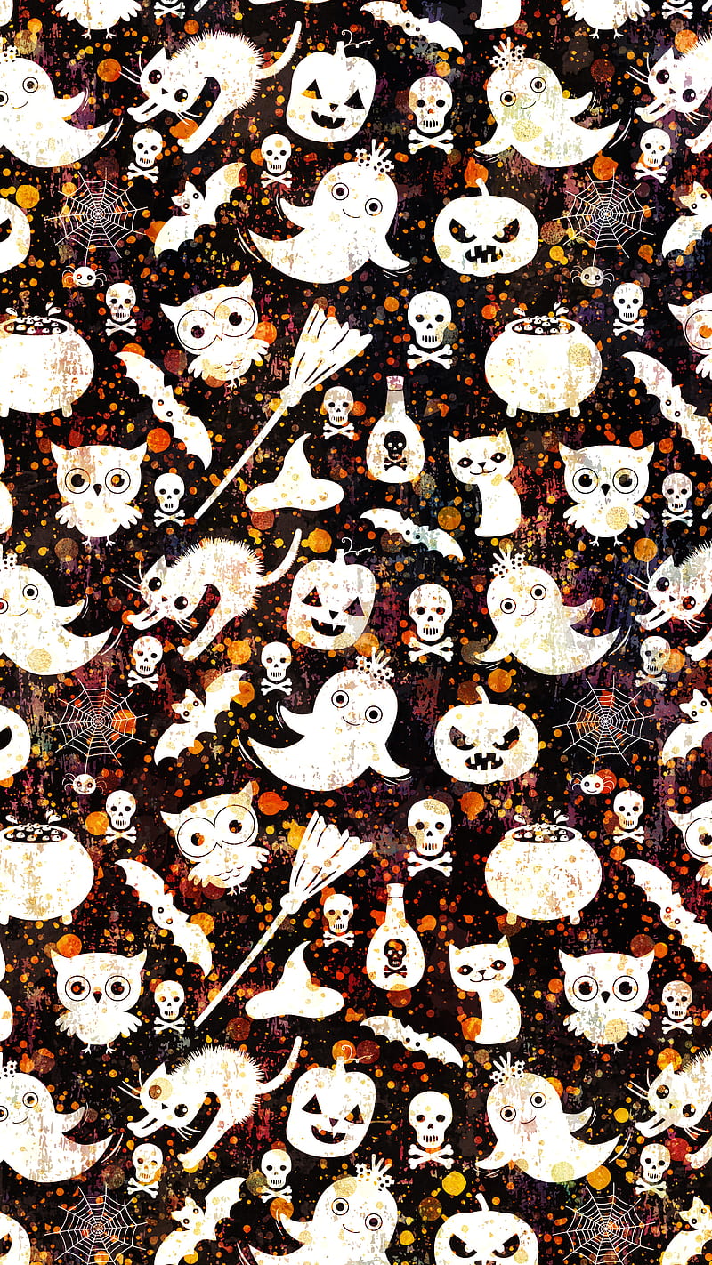 Halloween Skulls Ghost, Adoxali, animal, autumn, background, bat, broom, carved, cat, cauldron, celebration, characters, creepy, cute, dark, fun, funny, hat, holiday, illustration, kawaii, kitty, night, owl, party, pattern, poison, pumpkin, scary, silhouette, skull, spider, spooky, sweet, HD phone wallpaper