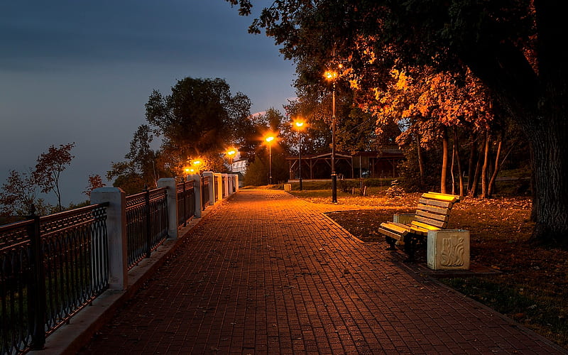 Evening Promenade in Russia, bench, Russia, lights, promenade, HD wallpaper