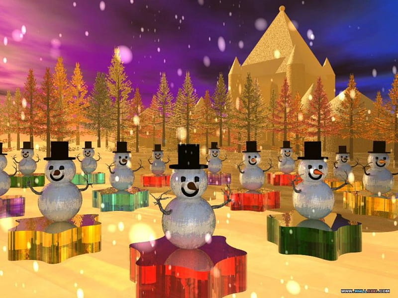 Snowman's Party, snowmen, buildings, snow falling, trees, coloured stars, night, HD wallpaper