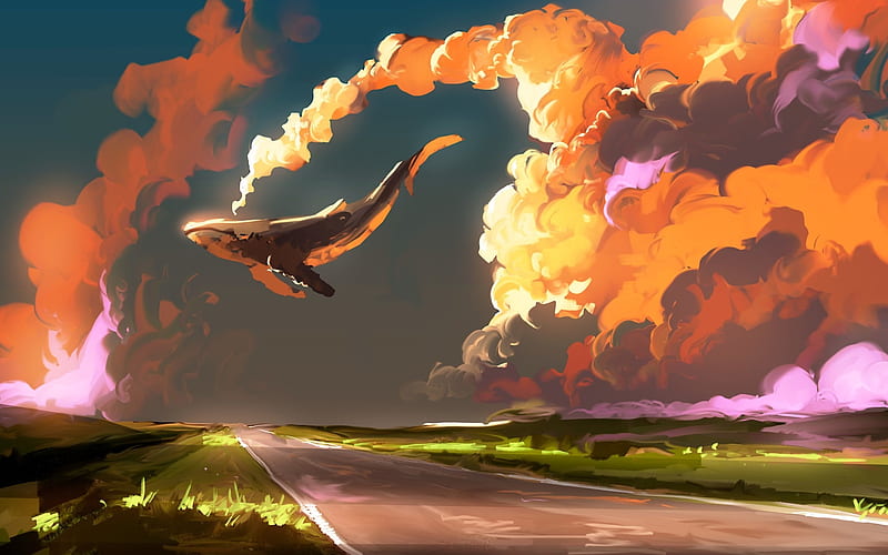 flying whale, clouds, sunset, road, drawing, creative, whales, HD wallpaper
