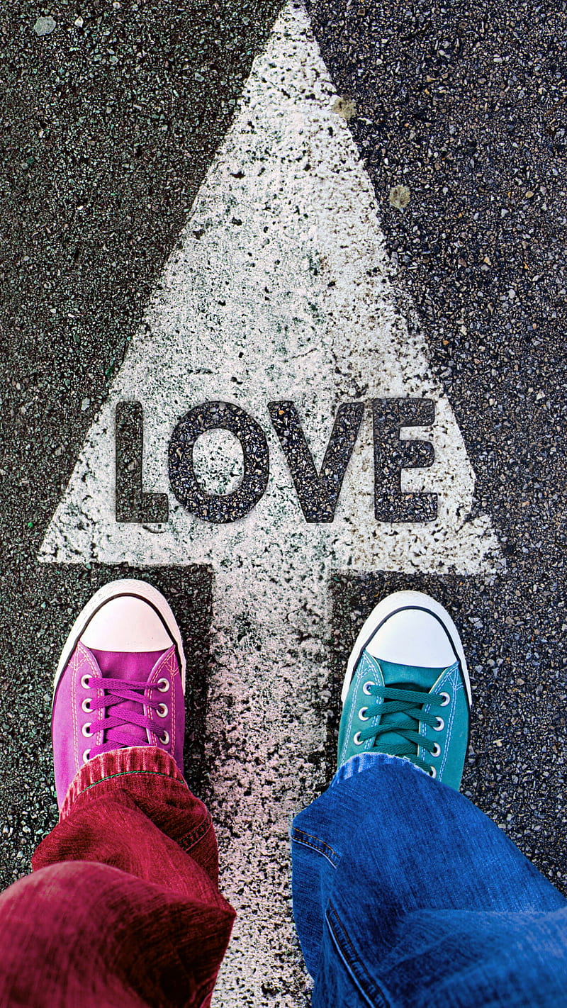 road to love, asphalt, converse, flash, foot, jeans, letters, HD phone wallpaper
