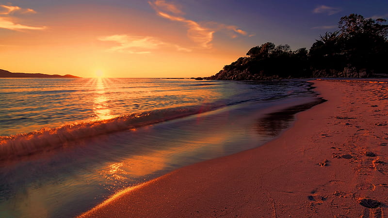 Sunset, isle, shore, sun, sea, beach, SkyPhoenixX1, evening, dawn, ocean, sunlight, waves, sky, summer, island, nature, coast, HD wallpaper