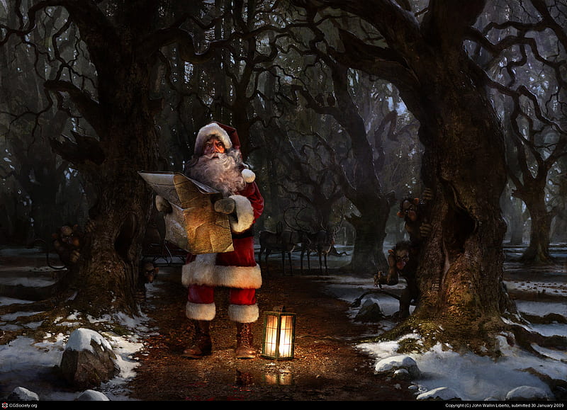 Lost Santa, forest, anta laus, map, light, HD wallpaper