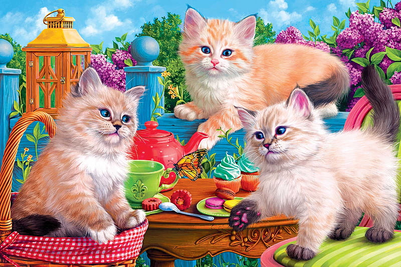 Kitten Tea Party, butterfly, cats, basket, painting, cakes, lilacs, HD wallpaper