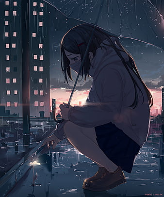 sad anime girl crying in the rain alone drawing