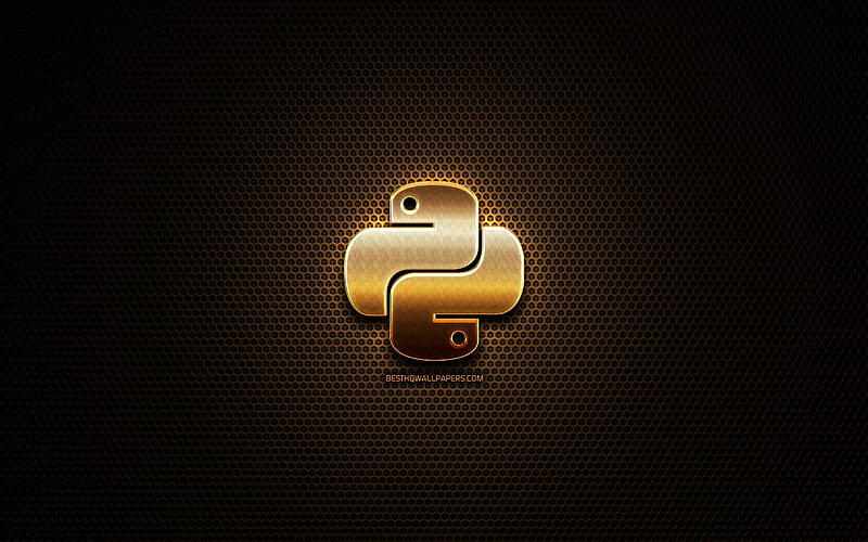 Python glitter logo, programming language, grid metal background, Python, creative, programming language signs, Python logo, HD wallpaper