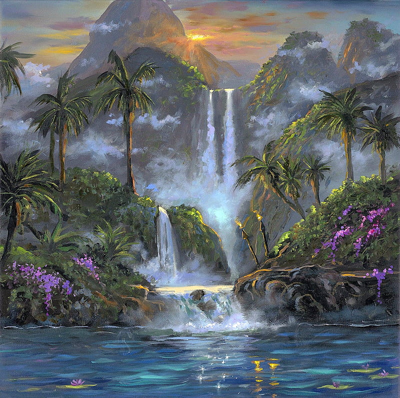 rynker lastbil forbundet Beautiful Hawaii, colorful, hawaii, painting, waterfall, peaceful, nature,  fields, HD wallpaper | Peakpx