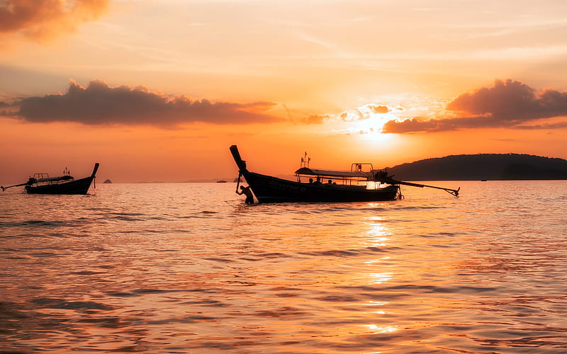 Thailand Krabi Beach Sea Sunset Boat Travel, HD wallpaper
