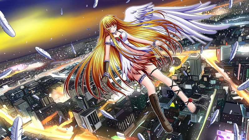 Lost Angel, close eyes, city, feather, hot, anime girl, night, female, angel, sexy, alone, fly, cool, lost boots, dark, sad, lost, one wing, HD wallpaper